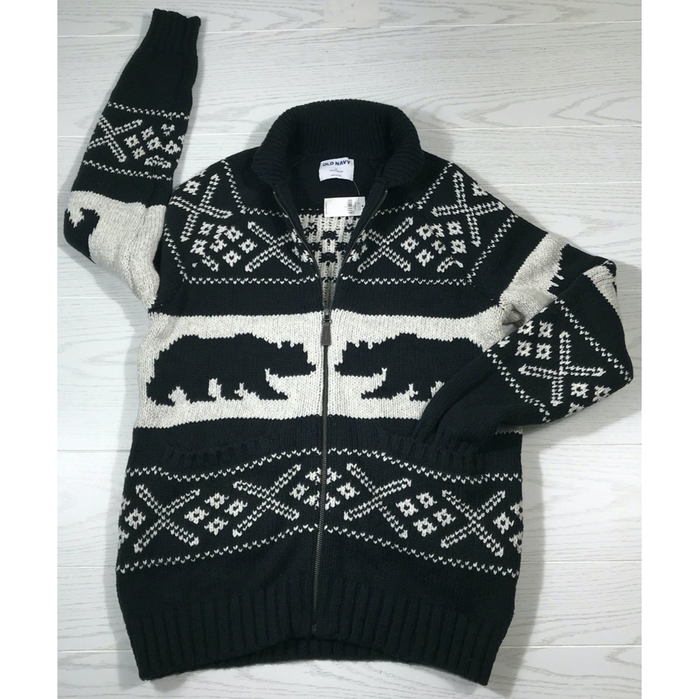 Old Navy Bear Fair Isle Full Zip Cardigan Sweater Mens L Heavyweight Rustic New